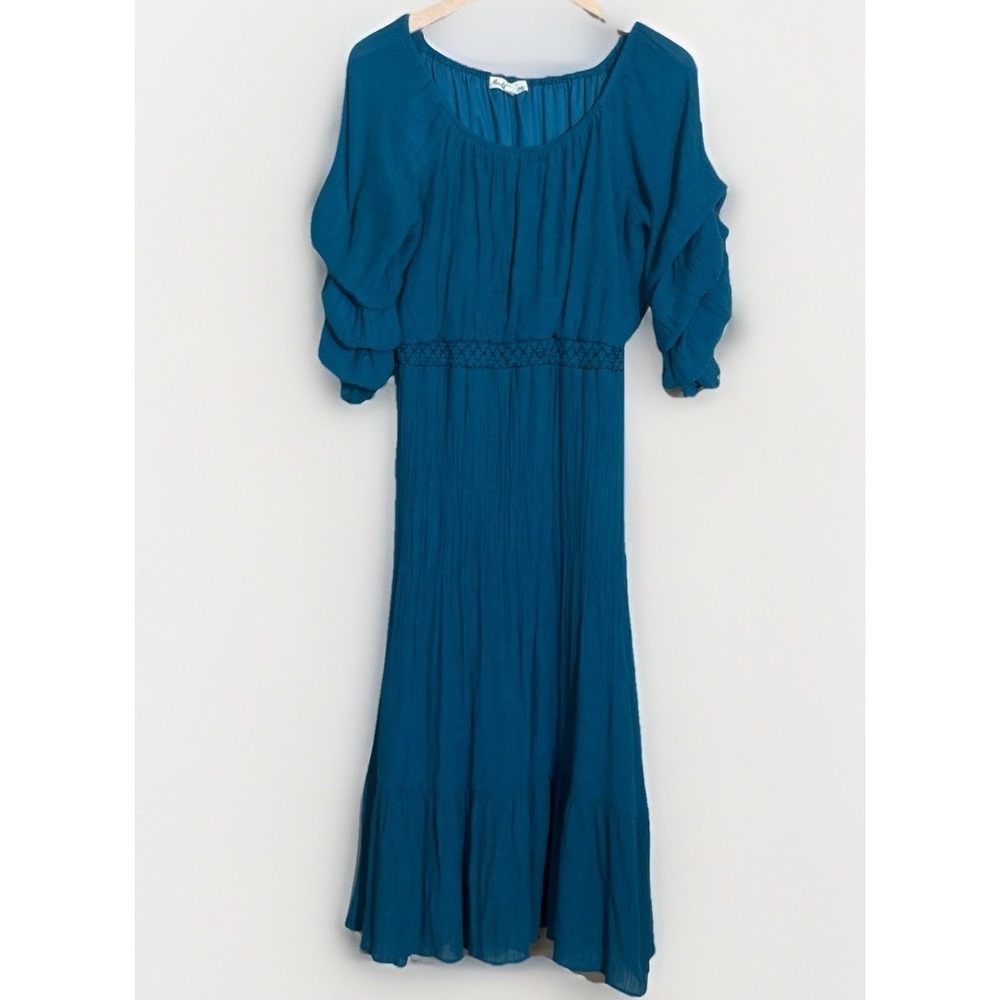 Maxi Dress XL Peasant Feminine Fit And Flare 3/4 Sleeve Teal Solid Modest Spring